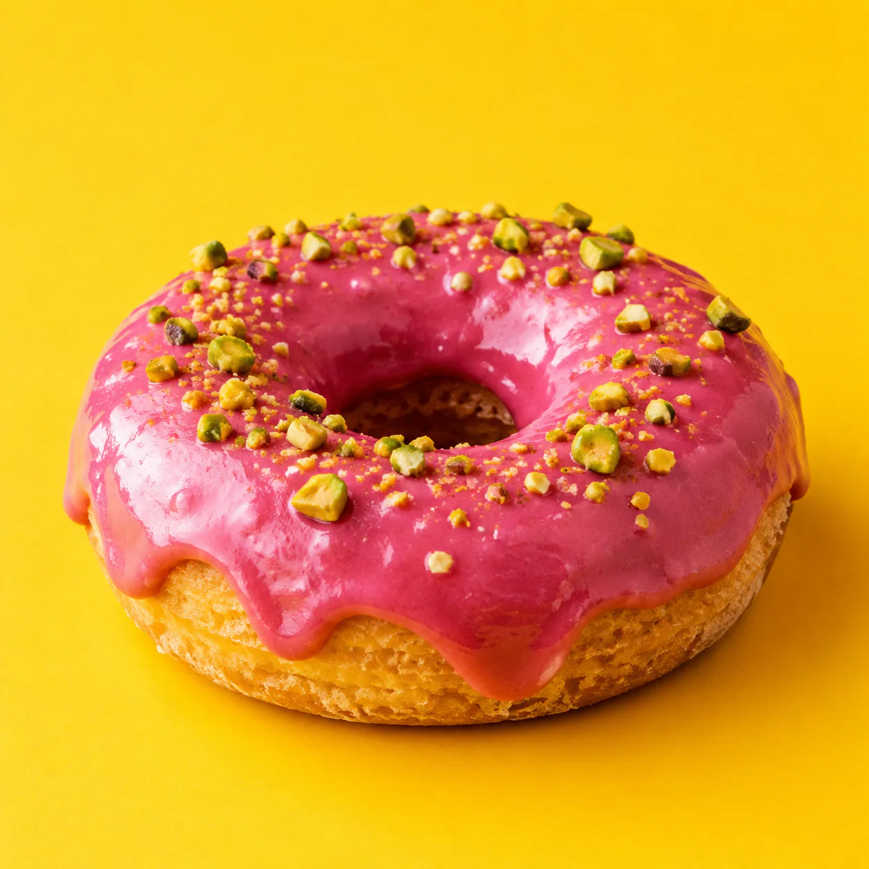 Raspberry glazed cake donut finished with chopped pistachios